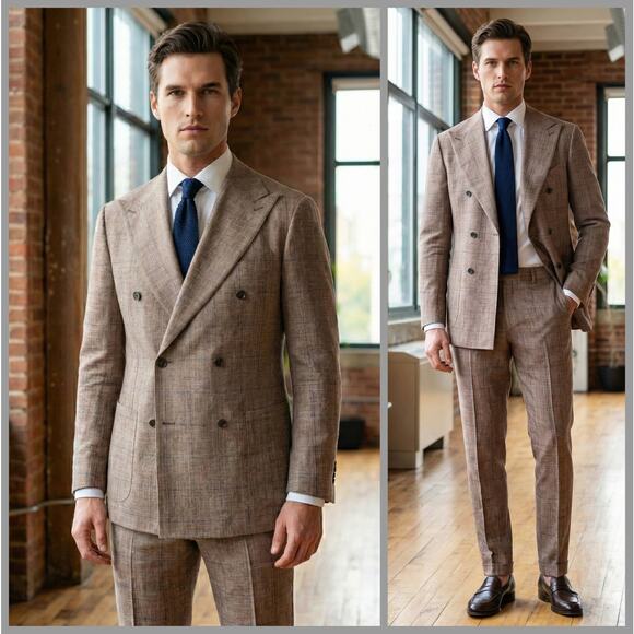 Suitsupply Other - Suitsupply Linen Havana Double Breasted Suit Windowpane Light Brown 42L